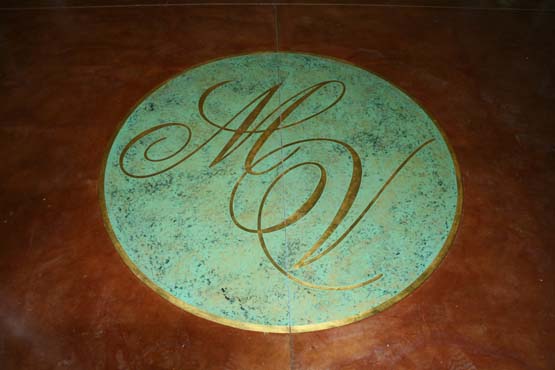 Floor logo with faux finish "copper look" 23K gold leaf letters & border, cleared with epoxy